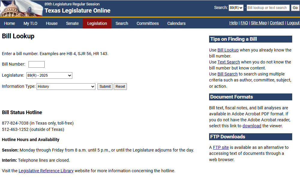 Bill lookup window Displays option for searching for a bill