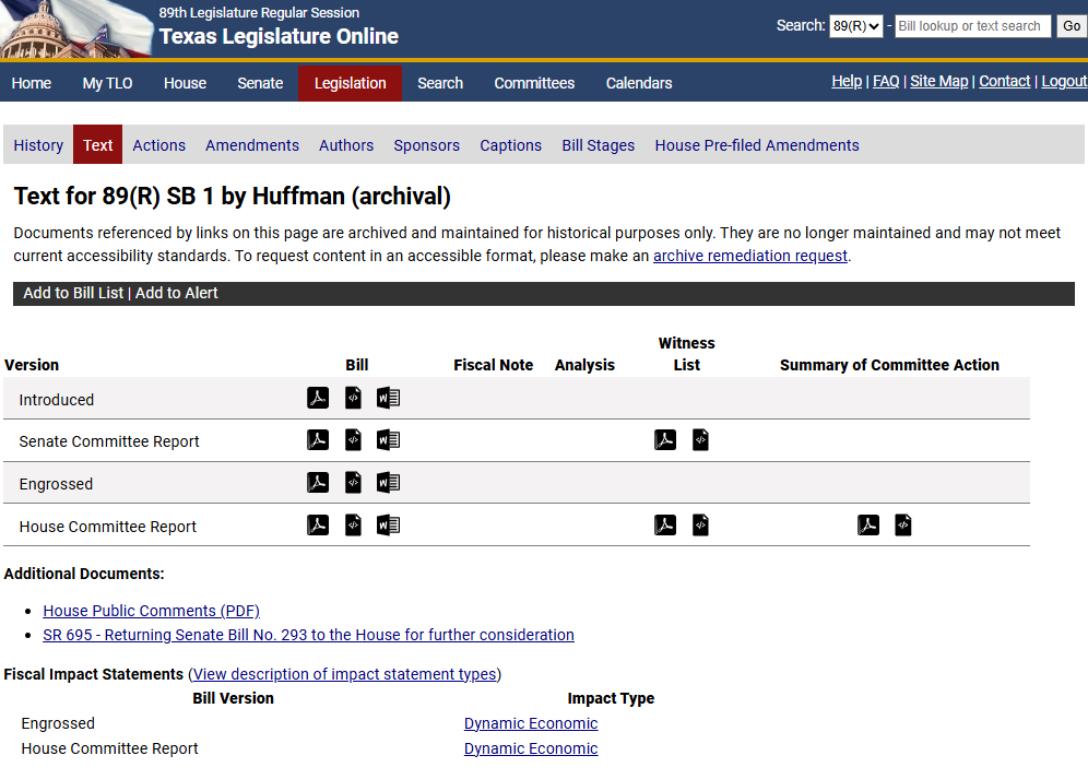 Displays text documents related to the selected bill