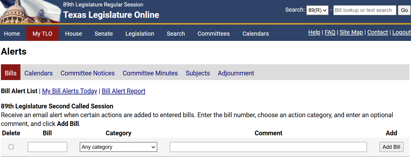 Alerts window Displays options for saving bill alerts and any saved alerts