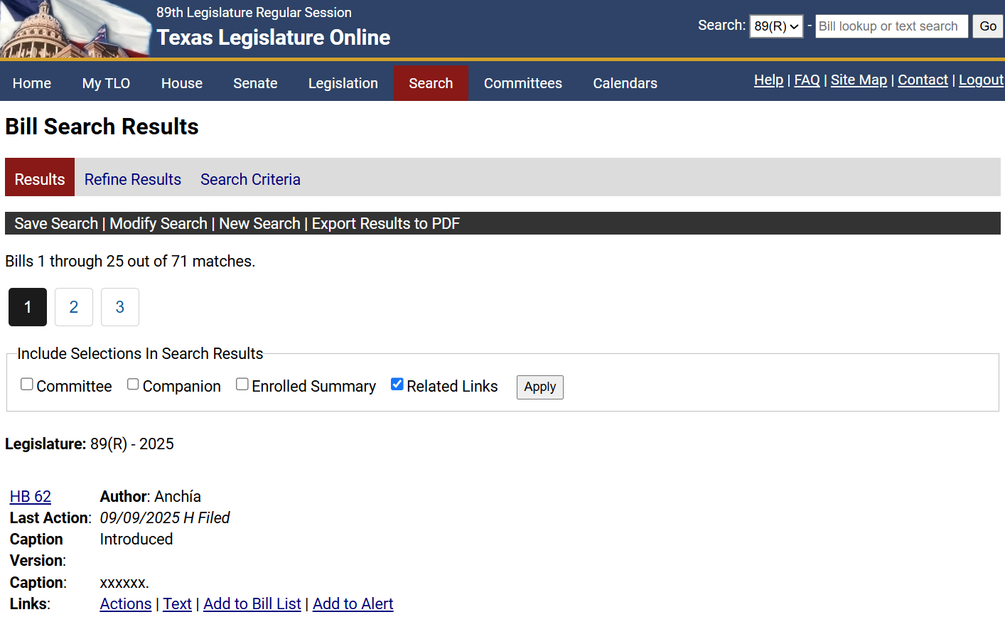 Bill search results window Displays bill search results